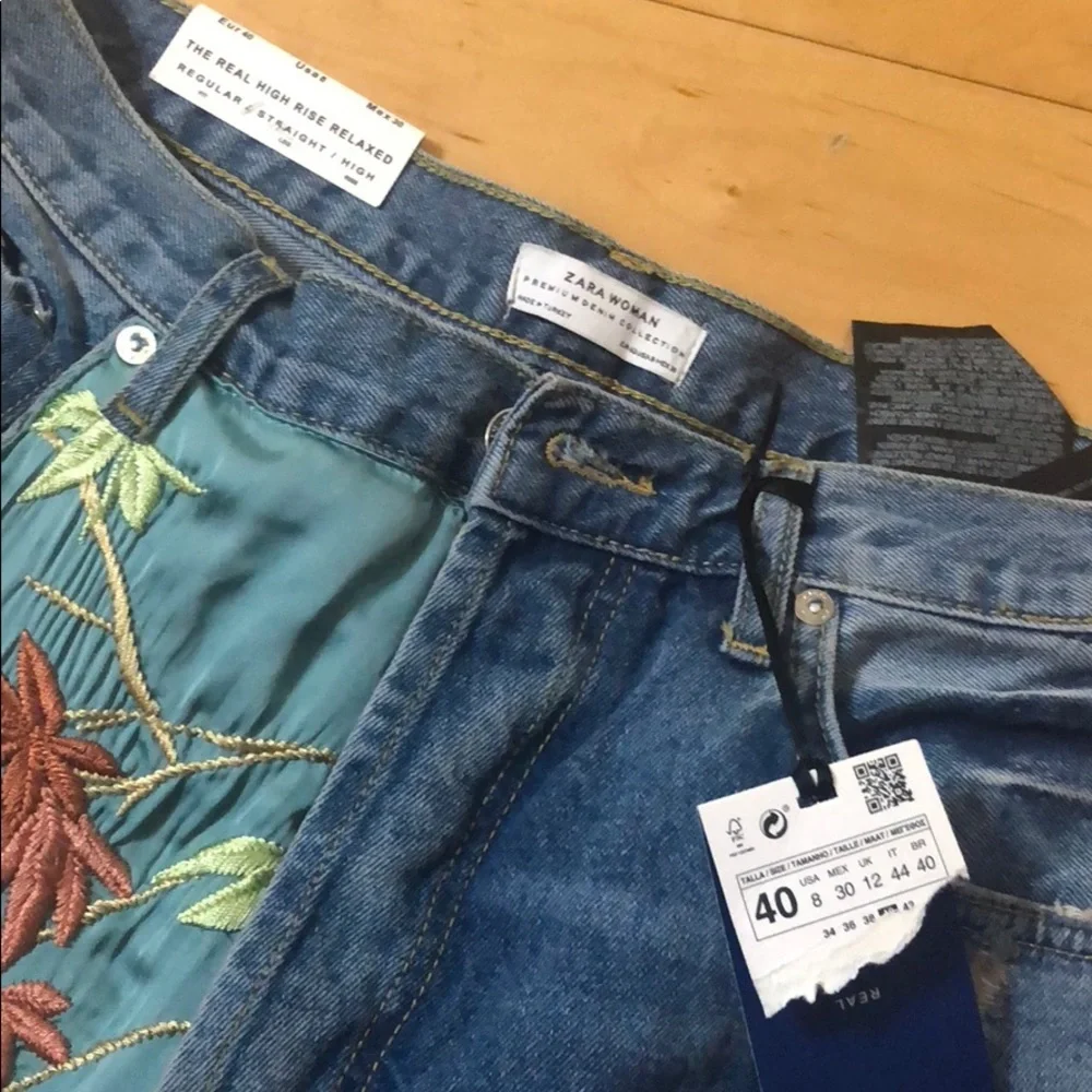 Zara Blue Straight Leg Jeans with Red Floral Design - Picture 5 of 8